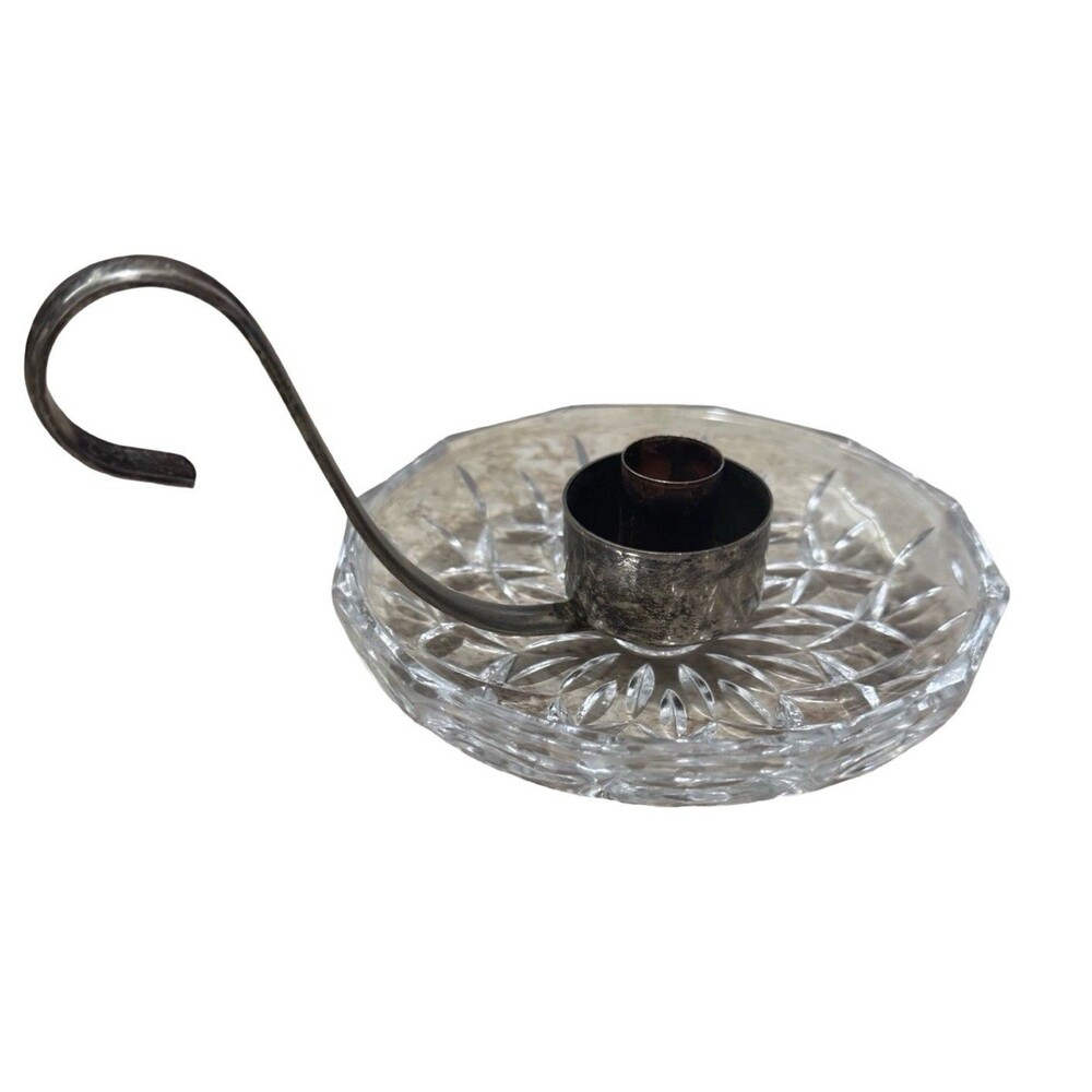 Silver plated Candle Holder 5” Cut Glass Trinket Dish VTG Antique With‎ Handle